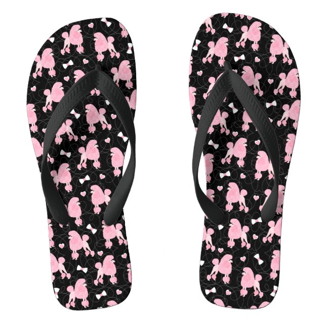 Pink Poodles and Bows Pattern Black Flip Flops (Footbed)