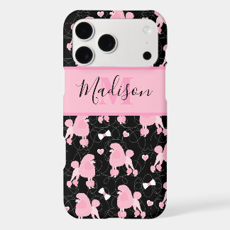 Pink Poodles and Bows Pattern Black Name Monogram