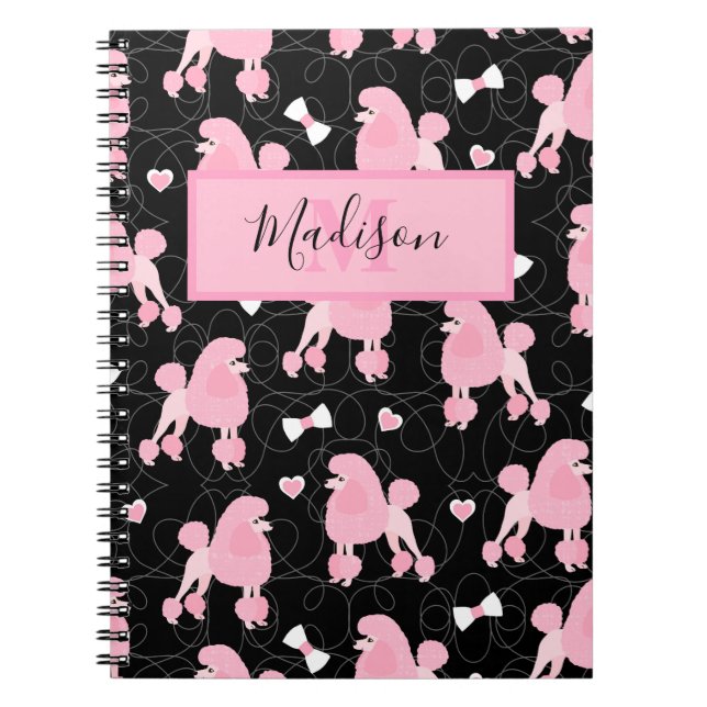 Pink Poodles and Bows Pattern Name and Monogram Notebook (Front)