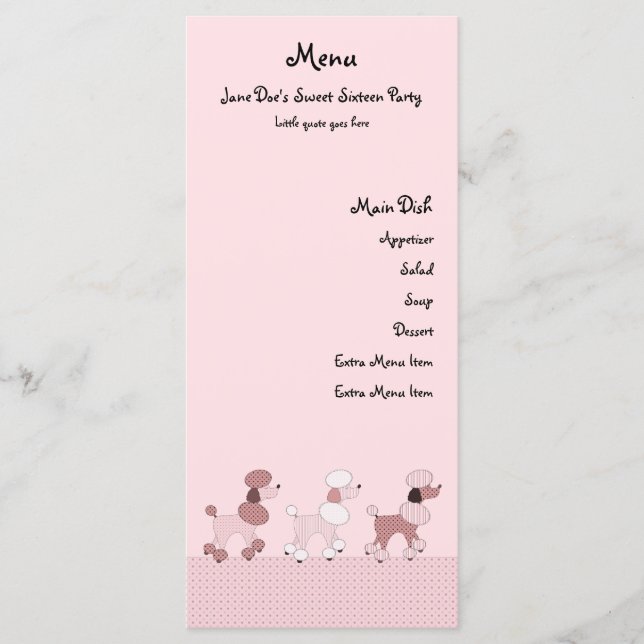 Pink Poodles On Parade Menu Card (Front)