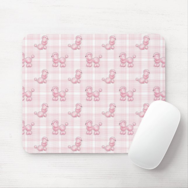 Pink Poodles On Plaid Mouse Pad (With Mouse)