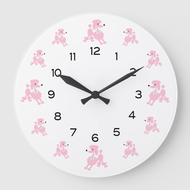 Pink Poodles with White Ribbons Large Clock (Front)
