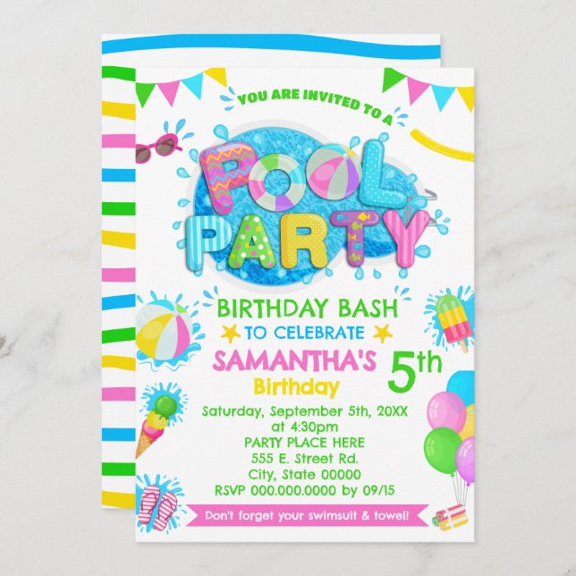 Pink Pool Birthday Children Party Invitation (Front/Back)
