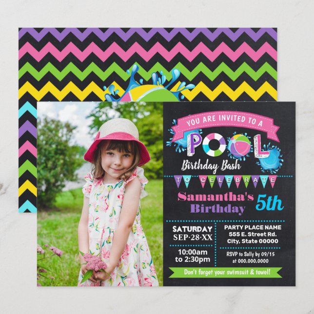 Pink Pool birthday summer bash chalkboard photo Invitation (Front/Back)
