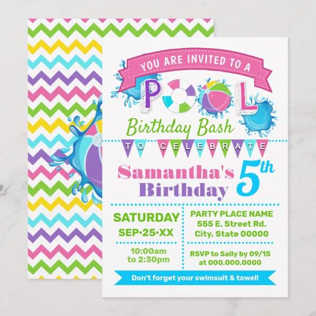Pink Pool birthday summer bash Invitation (Front/Back)