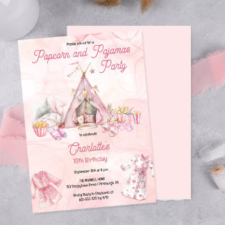Pink Popcorn and Pyjamas Slumber Birthday Party Invitation