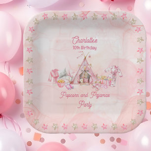 Pink Popcorn and Pyjamas Slumber Birthday Party Paper Plate
