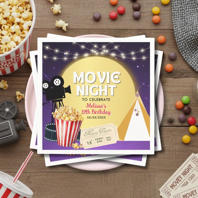 Pink Popcorn Movie Night Birthday Party  Napkin (Creator Uploaded)