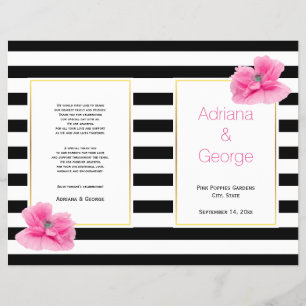 Pink poppies black white stripes wedding program