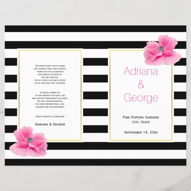 Pink poppies black white stripes wedding program (Front)