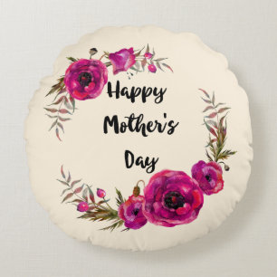 Pink Poppies Floral Wreath Best Mom in the World Round Pillow