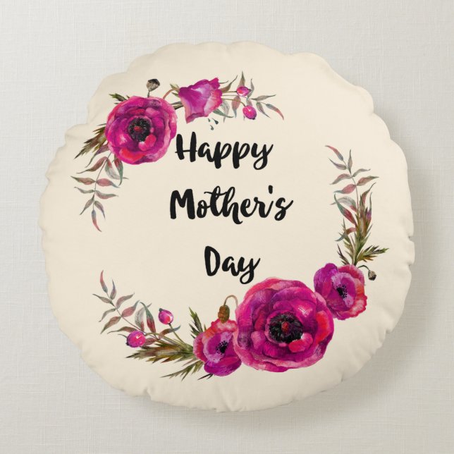 Pink Poppies Floral Wreath Best Mom in the World Round Pillow (Front)