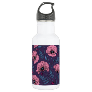 Pink poppies on dark violet 532 ml water bottle