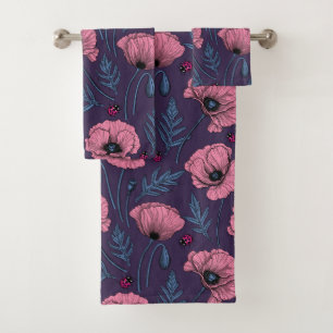 Pink poppies on dark violet bath towel set