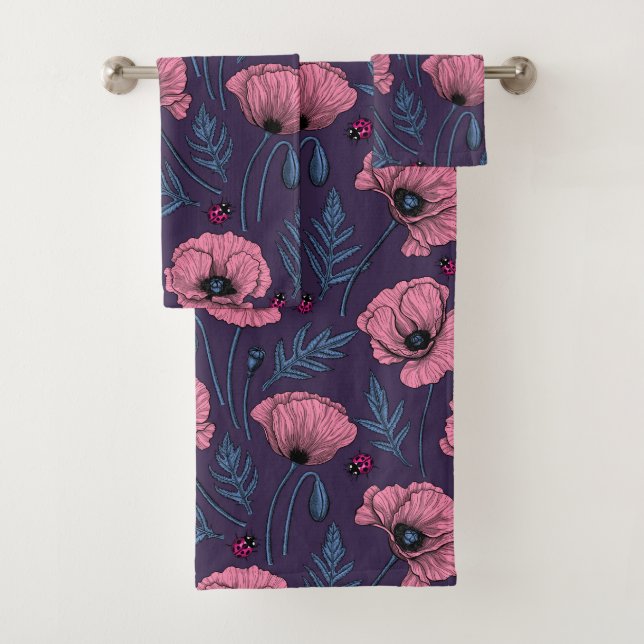 Pink poppies on dark violet bath towel set (Insitu)