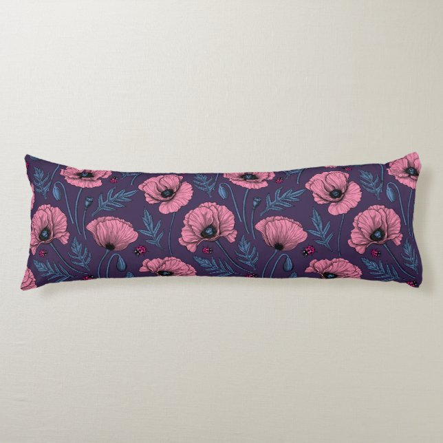 Pink poppies on dark violet body pillow (Front)