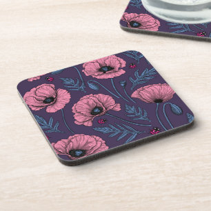 Pink poppies on dark violet coaster