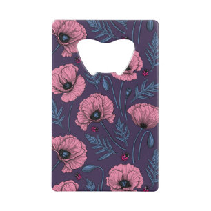 Pink poppies on dark violet credit card bottle opener