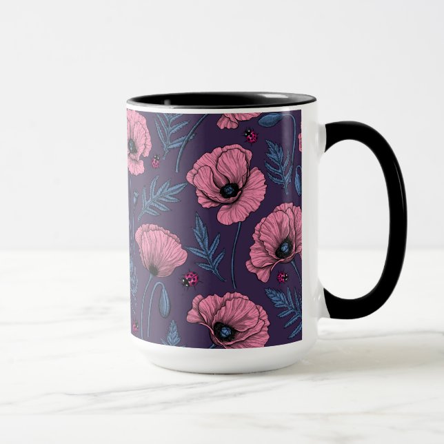 Pink poppies on dark violet mug (Right)