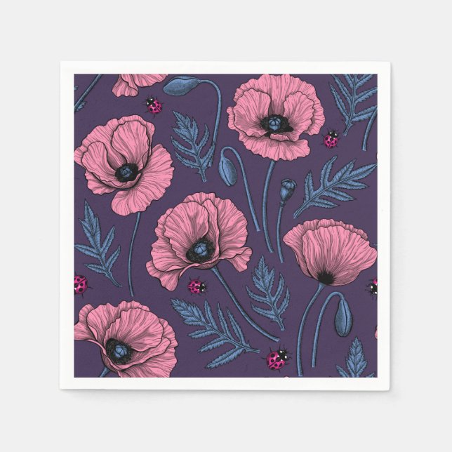 Pink poppies on dark violet napkin (Front)