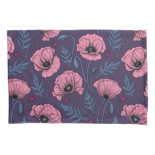 Pink poppies on dark violet pillowcase (Front-Left)