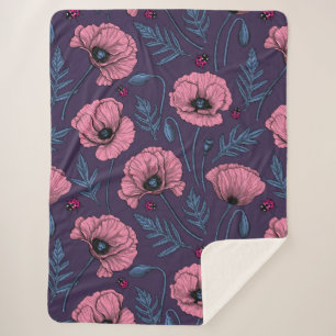 Pink poppies on dark violet sherpa blanket