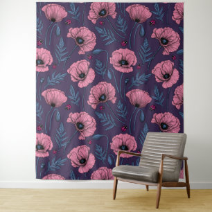 Pink poppies on dark violet tapestry