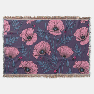 Pink poppies on dark violet throw blanket