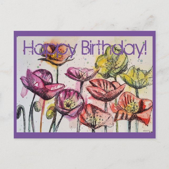 Pink Poppies Watercolour and ink Birthday Card (Front)