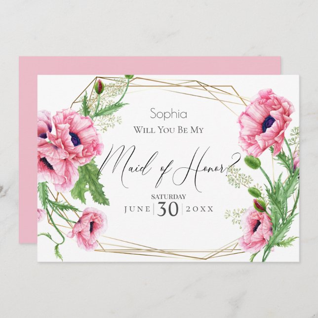 Pink Poppies Will You Be My Maid of Honour Invitation (Front/Back)