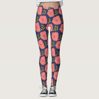 Pink poppy blooms on navy with dotted accents leggings