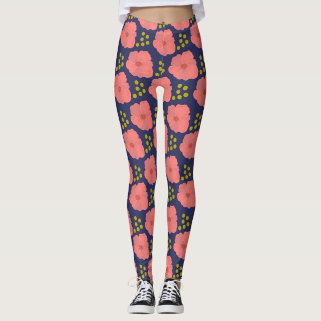 Pink poppy blooms on navy with dotted accents leggings (Front)