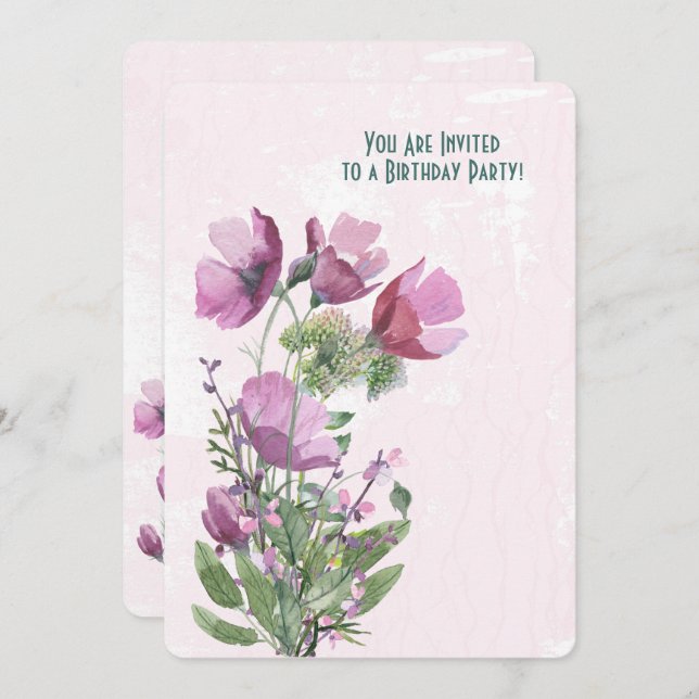 Pink Poppy bouquet Birthday Party Invitation (Front/Back)
