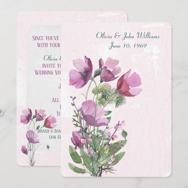 Pink Poppy bouquet Wedding Invite (Front/Back)