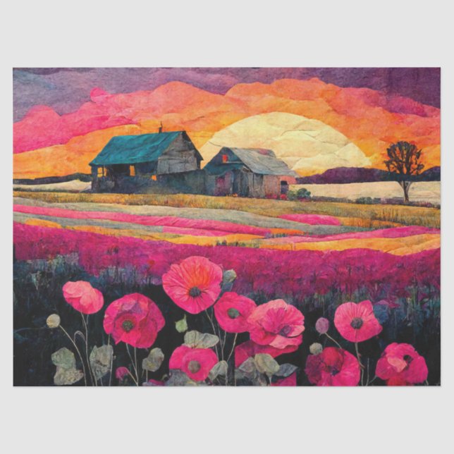 Pink Poppy Farm at Sunset, Vibrant Farmhouse Decor Tissue Paper (Front)