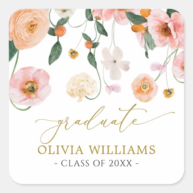 Pink Poppy Floral Graduation Favour Square Sticker (Front)