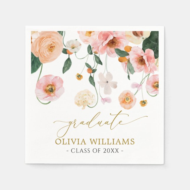 Pink Poppy Floral Graduation Napkin (Front)