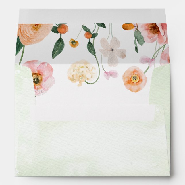 Pink Poppy Floral Green Elegant Envelope (Back (Bottom))