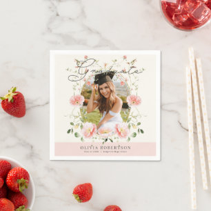 Pink Poppy Floral Photo Graduation Napkin