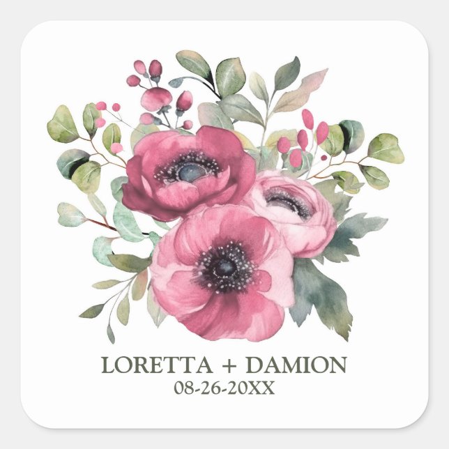 Pink Poppy Flowers Wedding Square Sticker (Front)
