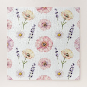 Pink Poppy Lavender Daisy Watercolor Floral Jigsaw Puzzle