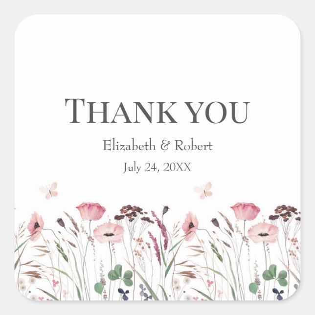 Pink Poppy Meadow Wedding Thank You Sticker (Front)