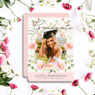 Pink Poppy Watercolor Floral Photo Graduation Invitation