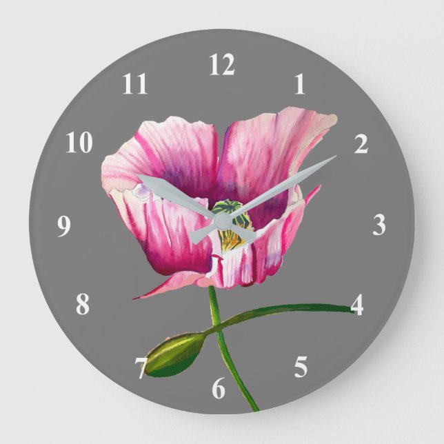 Pink poppy watercolor flower art large clock (Front)