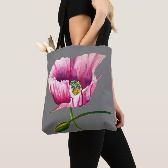 Pink poppy watercolor flower art tote bag (Close Up)