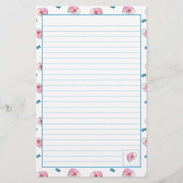 Pink Poppy Watercolor Flowers Lined Stationery (Front)