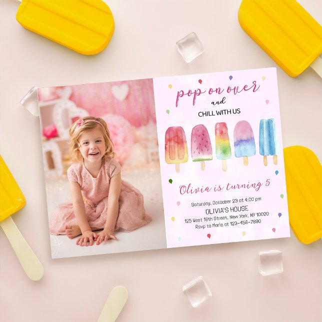 Pink Popsicle Ice Cream Pop On Over Birthday Photo Invitation (Creator Uploaded)