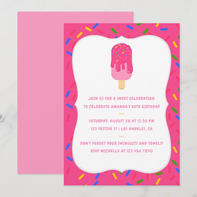 Pink Popsicle Summer Birthday Party Invitation (Front/Back)