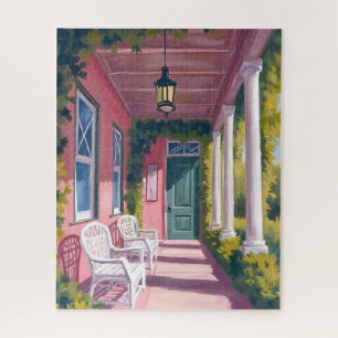 Pink Porch   Botanical Deck Floral Watercolor Jigsaw Puzzle