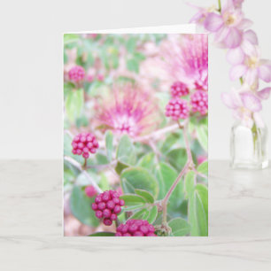 Pink Powder Puff Flowers and Green Foliage Card